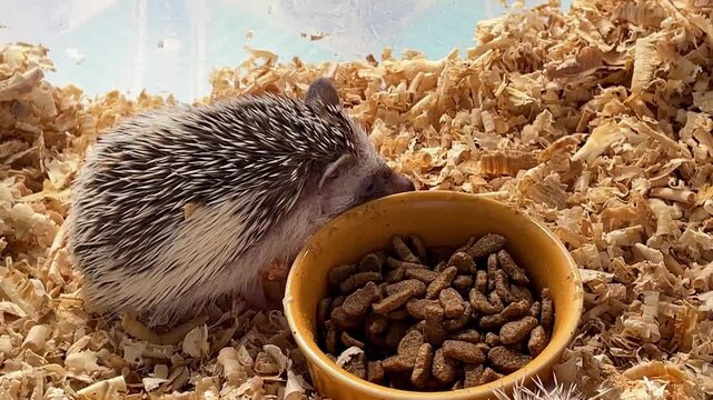 Five young hedgehogs gather in a shallow container. They eat from a small orange bowl. They rest on soft, dry wood shavings. Their spines are soft and delicate. They appear calm and curious.