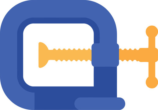 A blue and yellow c clamp is depicted in a flat vector illustration style