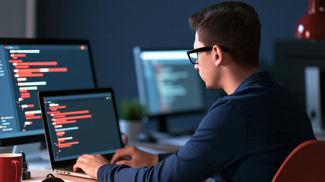 Faceless man coding at a computer in a creative workplace, web development, design and programming, cyber security, language and system maintenance, website developer, with copy