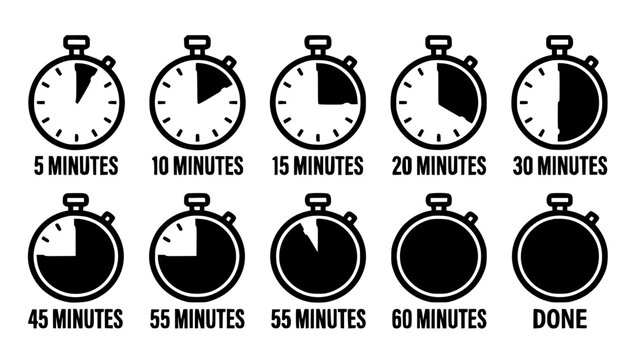 Countdown timer icons vector set with flat colorful stopwatch and clock symbols for cooking and productivity tracking