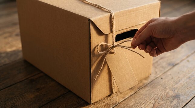 Hand tying twine on cardboard box of collected Christmas ornaments and keepsakes with a blank paper tag. Rustic brown packaging for holiday storage and seasonal gift giving.