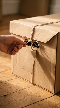 Person tying twine on cardboard box of collected Christmas ornaments and keepsakes for seasonal storage. The rustic jute string secures the lid of the brown parcel box.