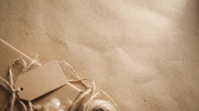 Craft paper background with wrapped gift box and twine string for holiday gifts showcasing rustic brown texture and blank label tag for seasonal packaging design.