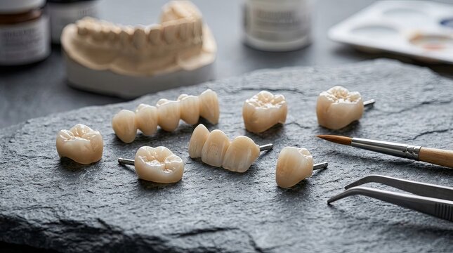 Models of dental crowns and teeth on a slate stone with dental tools and materials at a dental lab