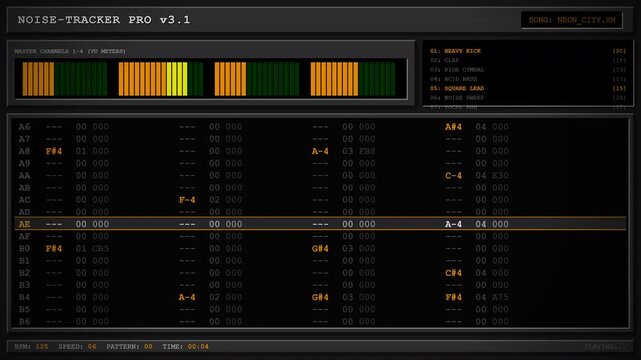 Procedural 4K motion graphics of a classic 16-bit Amiga style music tracker interface, featuring rapidly scrolling hex data, bouncing VU meters, and a classic chunky UI.