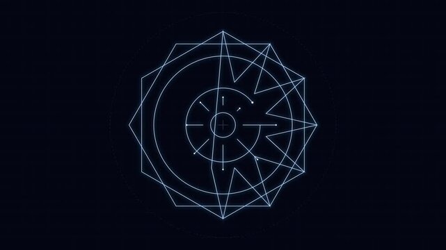 Abstract geometric HUD element animated line construction on dark grid background motion.