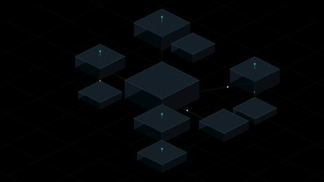 Abstract isometric smart city digital data loop with glowing lines and moving network connections