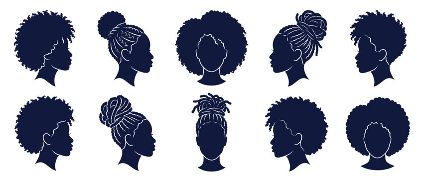 Afro hairstyle silhouettes isolated on transparent background. Black hair style profiles. Afro, braids, curls, waves, buns, short hair. Vector illustration.