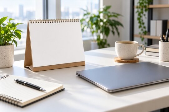 Blank desk calendar beside a laptop and coffee, suitable for 2027 scheduling, remote work, productivity, business organization, office planning, deadlines and professional workflow content.