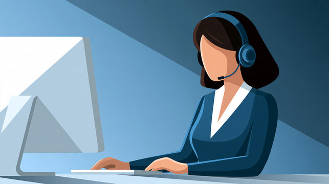 Faceless virtual assistant with a headset in a call center with a computer, customer care, troubleshooting, online advice and help desk agent with tech support, with copy space