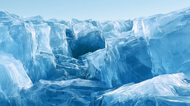 Frozen glacial ice formations display intricate textures under cool blue light, showcasing nature's powerful sculpting ability