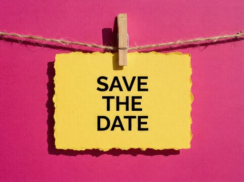 Save the date message on a yellow paper note hanging on a string against a vibrant pink background