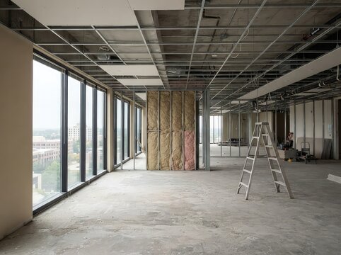 Interior view of a modern office space under construction with metal framing and large windows overlooking a city