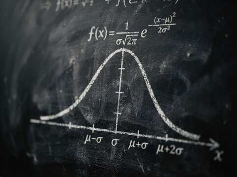 Normal distribution bell curve formula written on a black chalkboard
