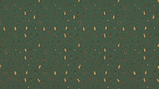 Seamless holiday pattern with collected Christmas ornaments and vintage keys featuring brass motifs on a dark green background. This festive design is ideal for wrapping paper.