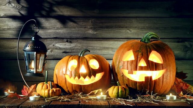 Two glowing Jack O Lanterns carved with spooky faces sit on a rustic wooden table with candles and a vintage lantern during a Halloween night celebration.