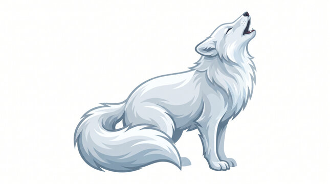 Cartoon vector design of a howling white wolf with fluffy tail