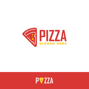 Logo pizza modern yang menampilkan potongan pizza berwarna merah dengan topping kuning, tipografi merah tebal, serta slogan "Slogan Here" berwarna kuning dengan latar belakang putih bersih. Desain bra