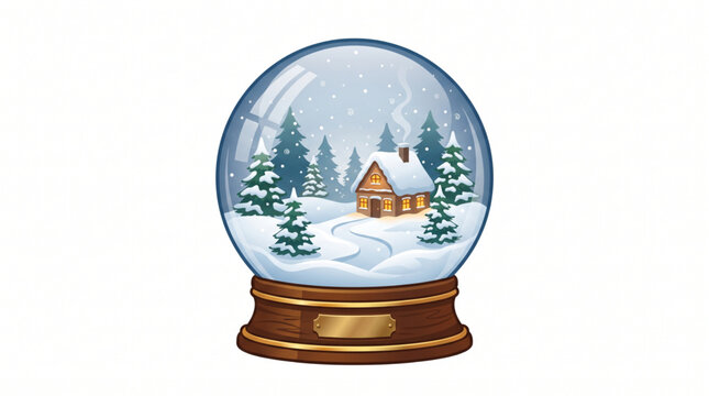 Christmas snow globe with pine trees and wooden cabin illustration