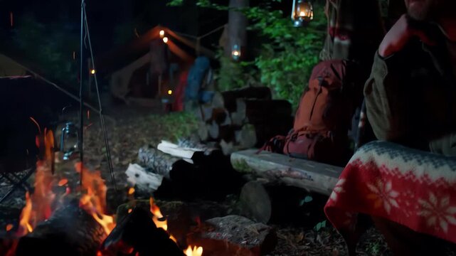 gentle tilt revealing glowing embers as they dance and flicker in the night, casting a warm light, enhancing the cozy ambiance of the outdoor setting