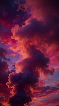 Slow push-in on a rising smoke plume against a vibrant sunset sky, capturing the swirling patterns and ethereal movement in a dramatic atmosphere