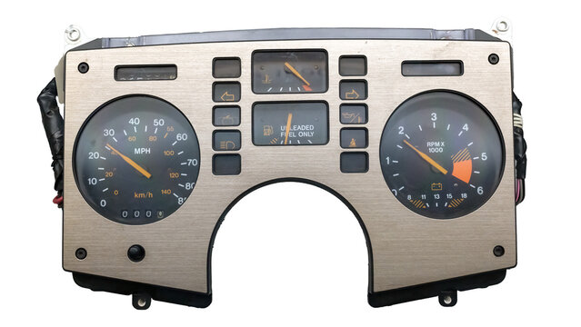 Automotive instrument panel with gauges isolated on white background