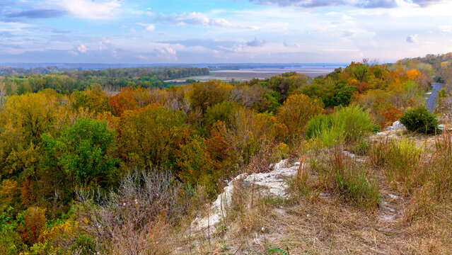 Scenic Autumn landscape full of colorful foliage from the bluffs at Klondike County Park in Augusta, Missouri part of the St. Charles County parks system