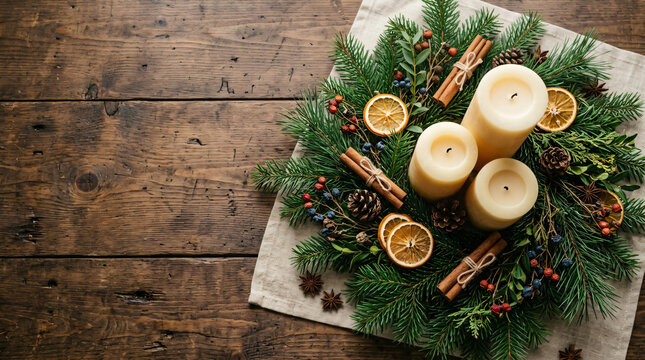 Rustic Christmas advent wreath arrangement with three white pillar candles, fresh green pine branches, dried orange slices, cinnamon sticks, pinecones, and red berries on a linen cloth and dark wood.