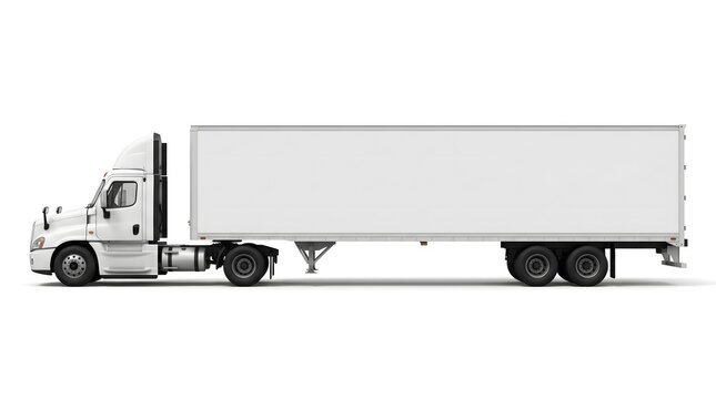 Side profile of white semi truck with blank cargo trailer
