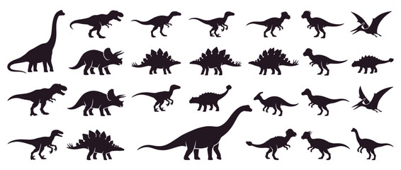 Dinosaur silhouettes isolated on transparent background. Prehistoric creature icons. Brachiosaurus, Triceratops, Stegosaurus, Velociraptor, Pterodactyl, Ankylosaurus, Parasaurolophus, Spinosaurus,. © jaogek