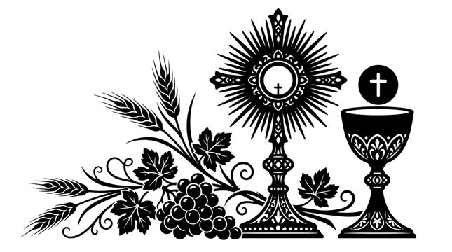 Christian communion chalice and host. Sacred Catholic religious symbols. Chalice, Host, Grapevine, Wheat, Cross. Black and white vector illustration.