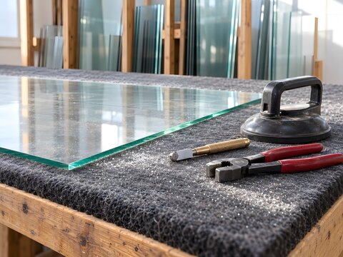 Glaziers cutting table close up with a single glass sheet suction lifter and wheel cutter