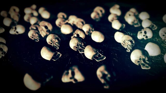 Dark and spooky background of many human skulls scattered on a dark surface with dramatic lighting and shallow depth of field.