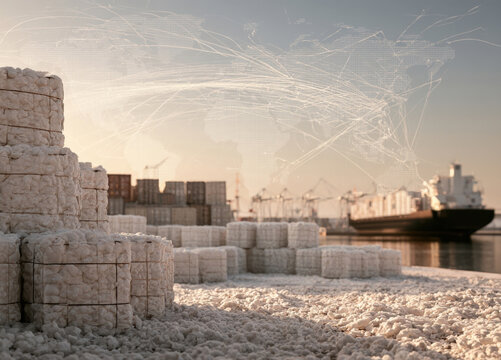 raw cotton bales stacked at commercial sea port terminal near cargo container ship at sunset with global trade network overlay showing international shipping logistics supply chain export distribution