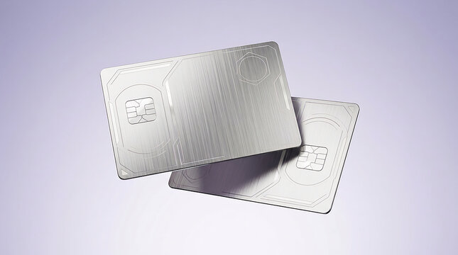 Two silver smart cards with chip and magnetic stripe on a light purple background