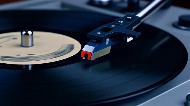 A vintage turntable needle gently rests on the spinning grooves of a vinyl record, evoking nostalgic sounds of classic music played on analog audio equipment, a timeless piece of sonic history