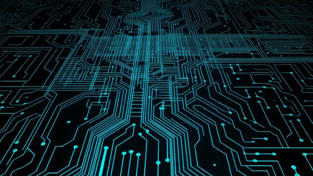Intricate network of glowing turquoise circuit board traces creates a complex digital pathway, evoking a sense of advanced technology and global interconnectedness within a dark, abstract