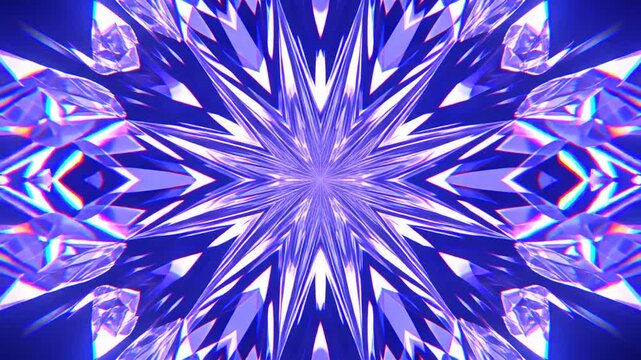 A mesmerizing, symmetrical kaleidoscopic pattern emerges from fractured, prismatic facets of luminous sapphire gemstone, casting radiant violet light and sharp, geometric reflections across