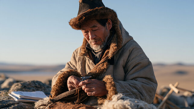 An elderly sheep herder stitches a torn harness beside a physical wooden prototype fence model in quiet rural winter light, microfinance rural entrepreneur loan documents tucked