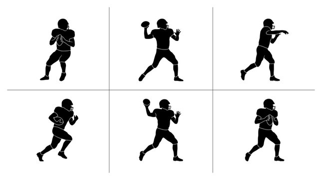 American football player silhouettes set with quarterback throwing and running poses for sports design