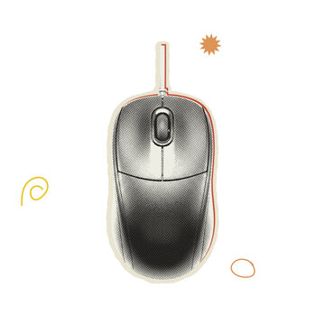 Modern computer mouse with halftone texture and red outline isolated on black background, with decorative abstract