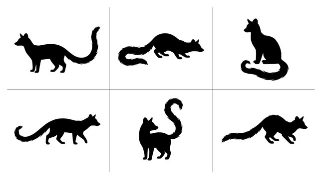 Mongoose silhouettes set with figures in various poses for wildlife logos and icons