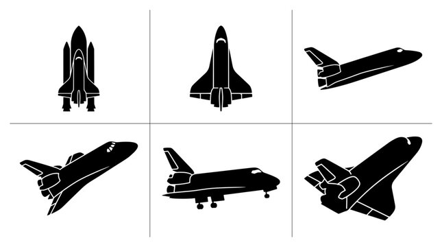 Space shuttle silhouettes set with different views and angles for logo and signage