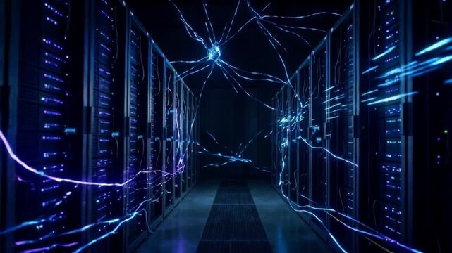 Vibrant, pulsating digital synapses crisscross an expansive, dark server chamber, showcasing the complex, high-speed flow of interconnected data.
