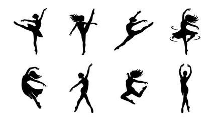 Ballet dancers silhouettes set with figures in graceful poses, dynamic movement and poses for dance and fitness © RimonIslam