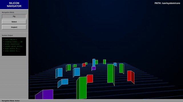 Procedural 4K motion graphics of a 90s UNIX 3D file system navigator (FSN), featuring a flying camera over a wireframe grid and solid data blocks representing directories.