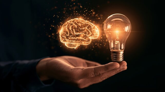 Glowing brain shape merges with a lit bulb held in a hand, concept representing innovation and bright ideas for creative minds