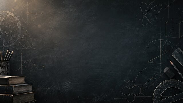 Dark school chalkboard with books, pencils, a ruler, a protractor and sketches of scientific formulas, copy space for text