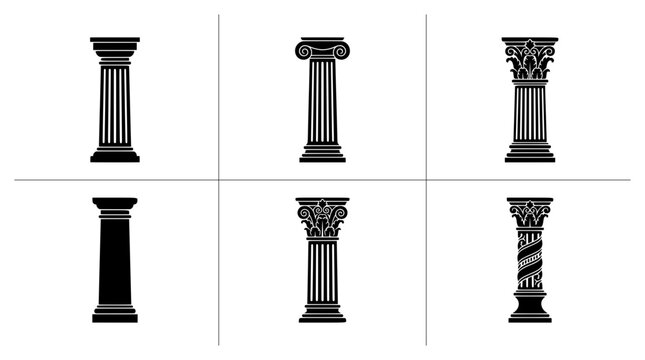 Ancient Greek column silhouettes set with Doric, Ionic, Corinthian and twisted styles for architecture and logos