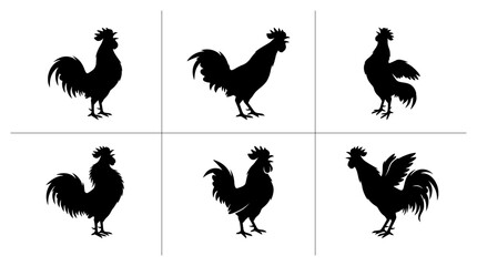 Rooster silhouettes set with birds in various poses for farm or poultry themes © Sihab